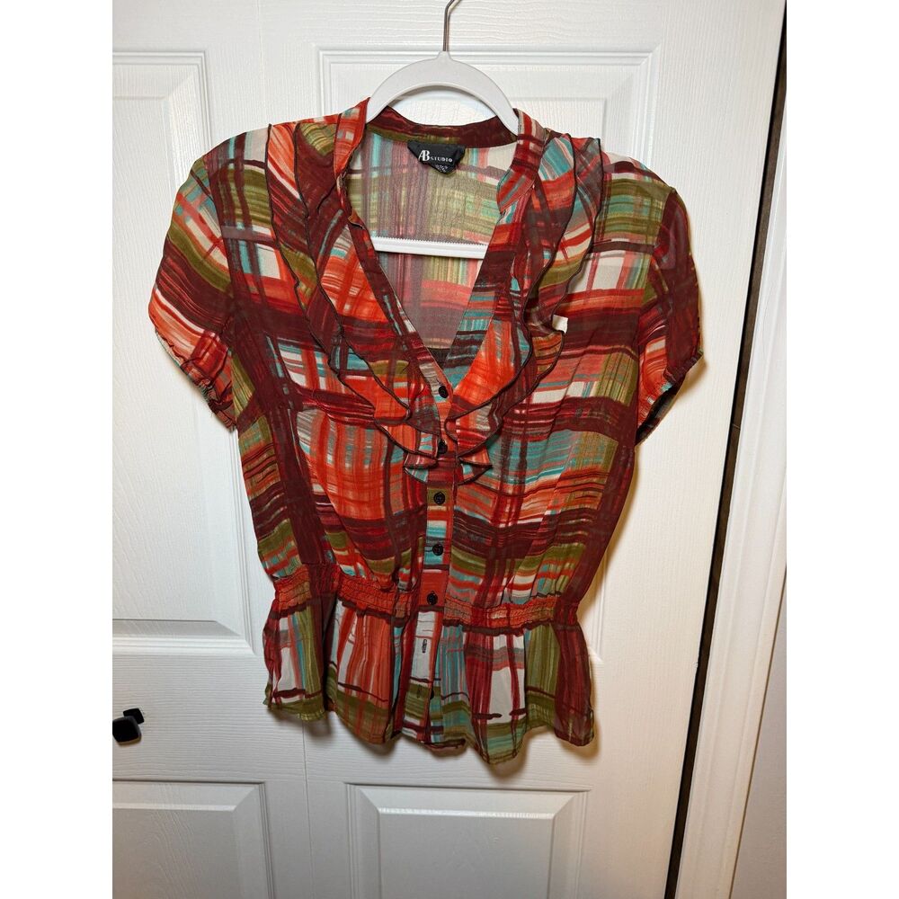AB Studio Plaid Ruffle Blouse Women's Large Sheer Peplum Button Front